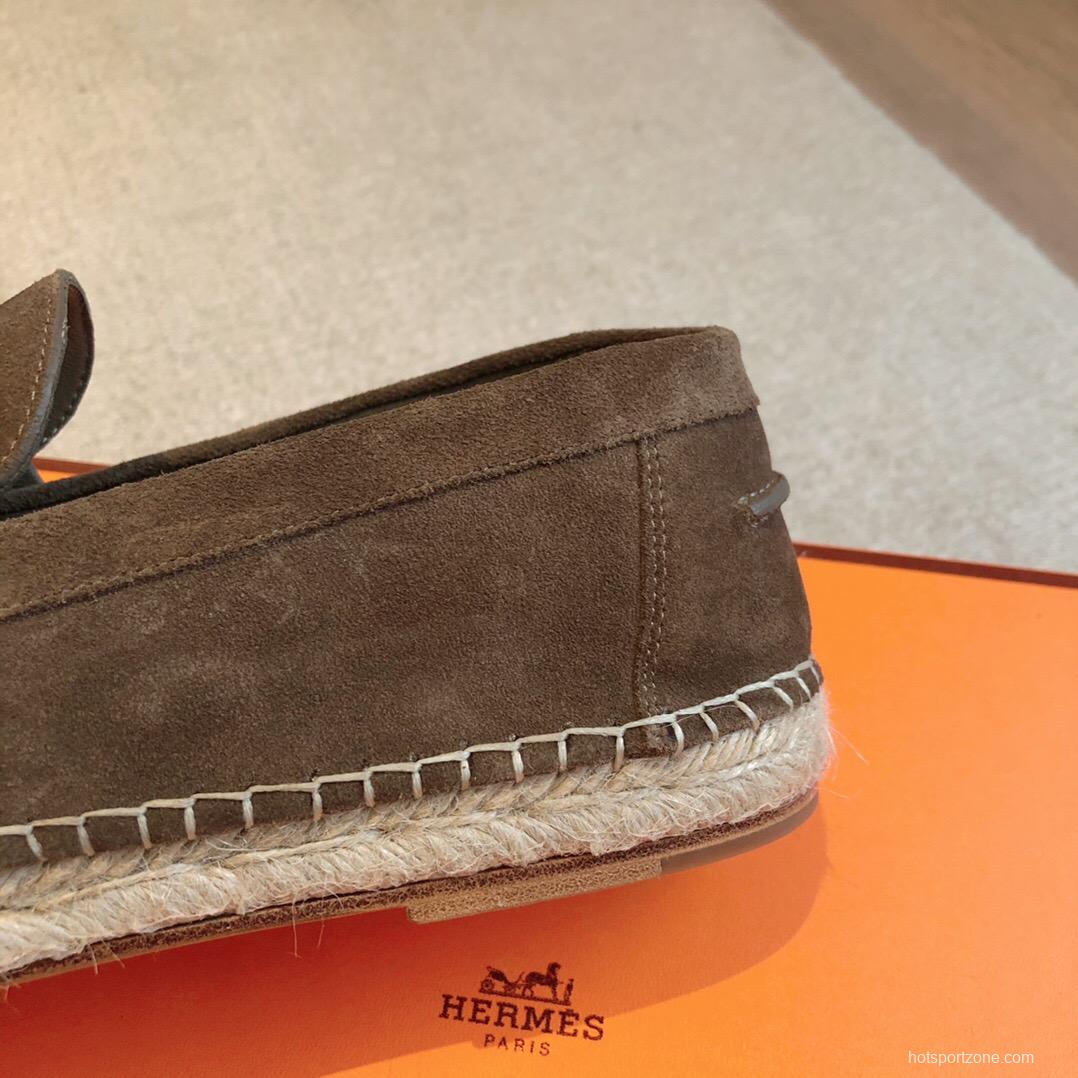 2025 Unisex Hermès Brown Suede Leather Loafers AS00380