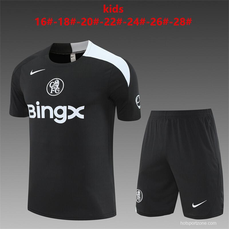 25/26 Kids Chelsea Black T90 Short Sleeve+Soccer Shorts
