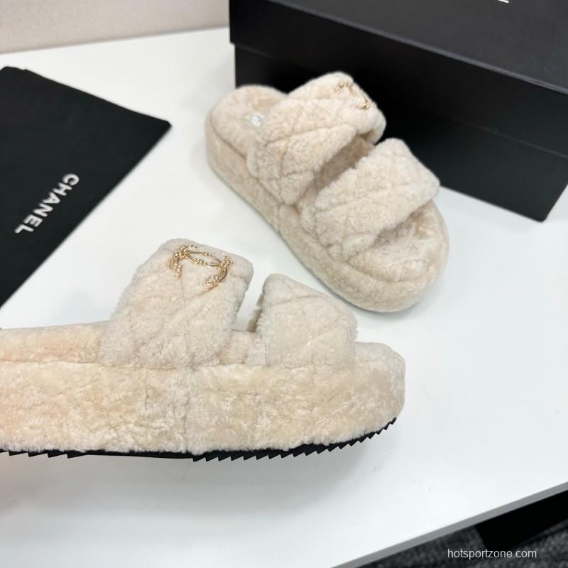 Chanel 2025 SS New Autumn Winter Lazy Sheep Genuine Wool Lazy Slippers Chanel Quilted Thick Sole Fur Slides - LY00300