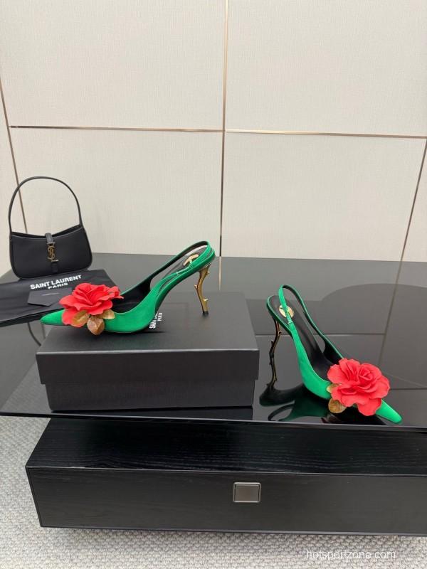Saint Laurent 2025 Spring/Summer Rose Thorn High Heels with Sculptural Gold Heel - KFY00320