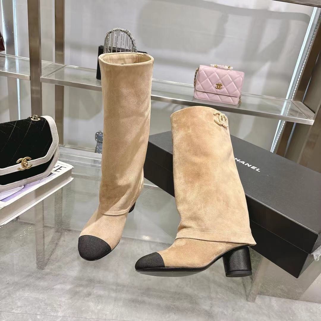 Chanel 2025/SS Small Fragrance Autumn Winter Runway Turned-Cuff Block Heel Straight Tube Boots Classic Color Block - LY00510