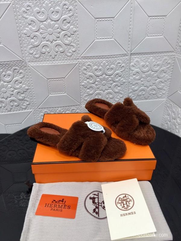 H Teddy Wool H Slippers Flat Sole Winter Fur Slippers - LY00240