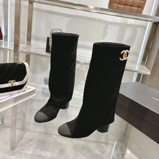 Chanel 2025/SS Small Fragrance Autumn Winter Runway Turned-Cuff Block Heel Straight Leg Boots - LY00510