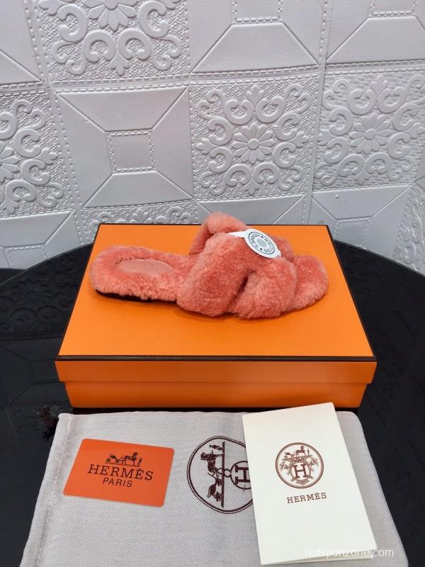 H Teddy Wool H Slippers Flat Sole Winter Home Shoes - LY00240