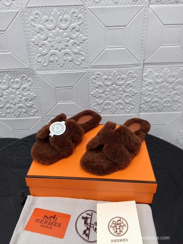 H Teddy Wool H Slippers Flat Sole Winter Fur Slippers - LY00240