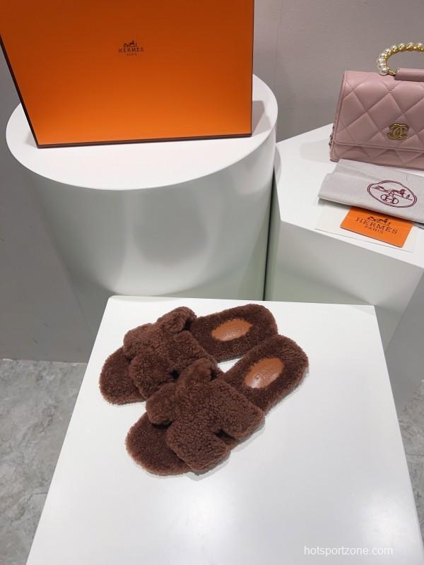 H Teddy Wool H Slippers Flat Sole Fur Slippers - LY00240