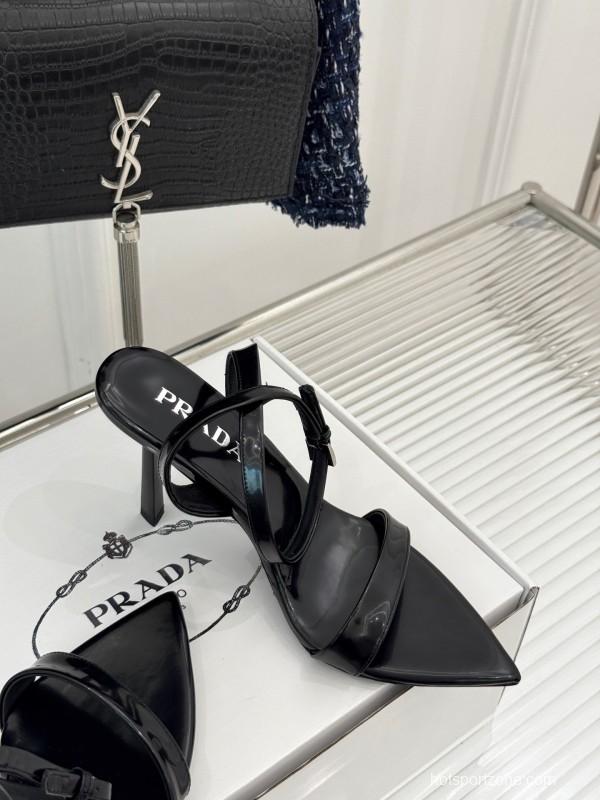 Prada 2025 SS Triangular Buckle Pointed Toe High Heel Sandals - KFY00280