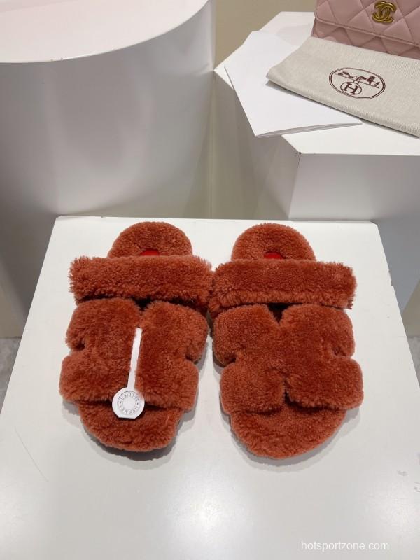 H Love Erjiu Full Wool Slippers with Slightly Curled Fur - LY00270