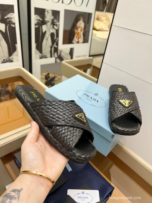 Prada 2025 SS Raffia Handwoven Cross Strap Sandals - KFY00260