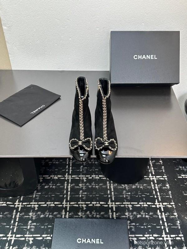 Chanel 2025 SS Chain Bow Chunky Heel Ankle Boots - LY00370