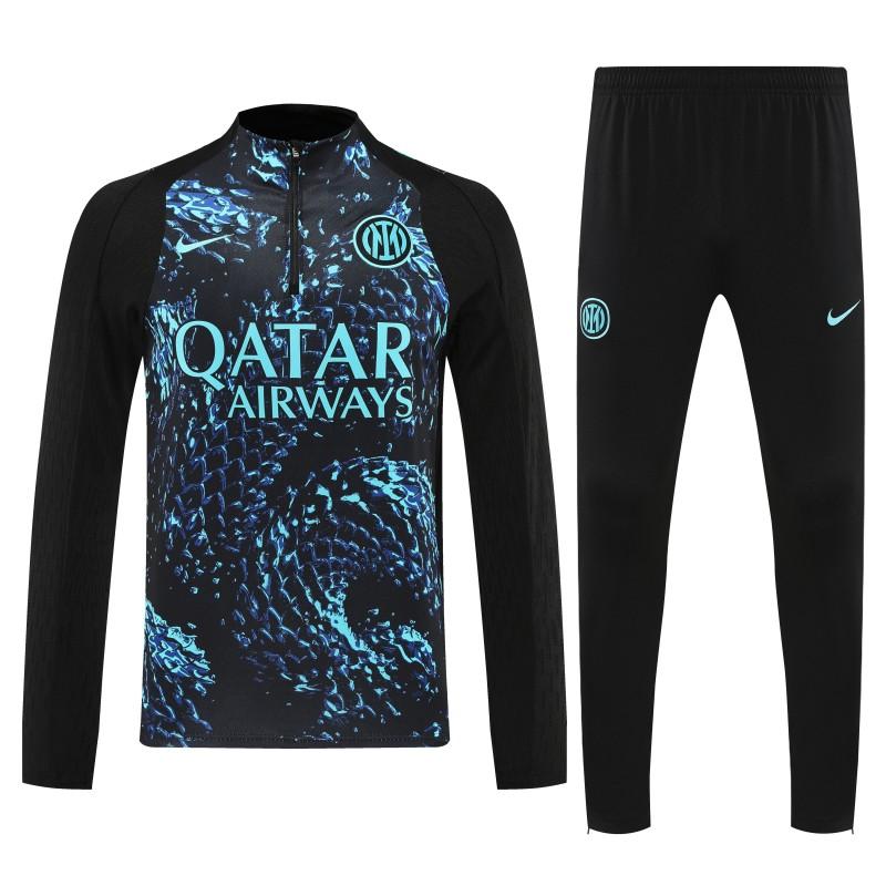Player Version 25/26 Inter Milan Black with Blue Water Splash Pattern Half Zipper Jacket Tracksuit +Long Pants