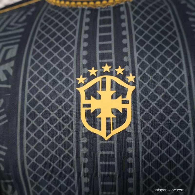 2026 Player Version Brazil Black with Gold Geometric Tribal Pattern Jersey