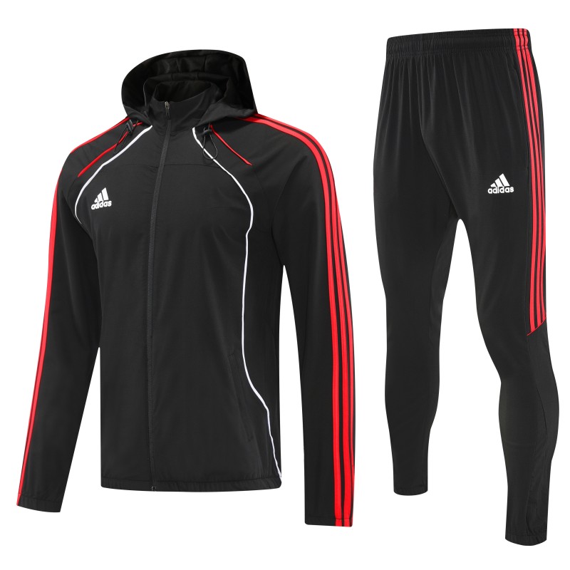 26/27 Adidas Black With Red stripes Full Zipper Hooded Jacket Tracksuit + Long Pants