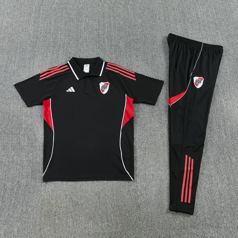 26/27 River Plate Black Polo Training Shirt + Long Pants Tracksuit