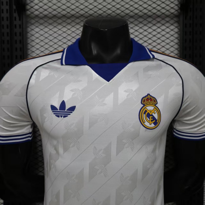 Player Version 26/27 Real Madrid Home White with Blue Collar & Jacquard Pattern Jersey