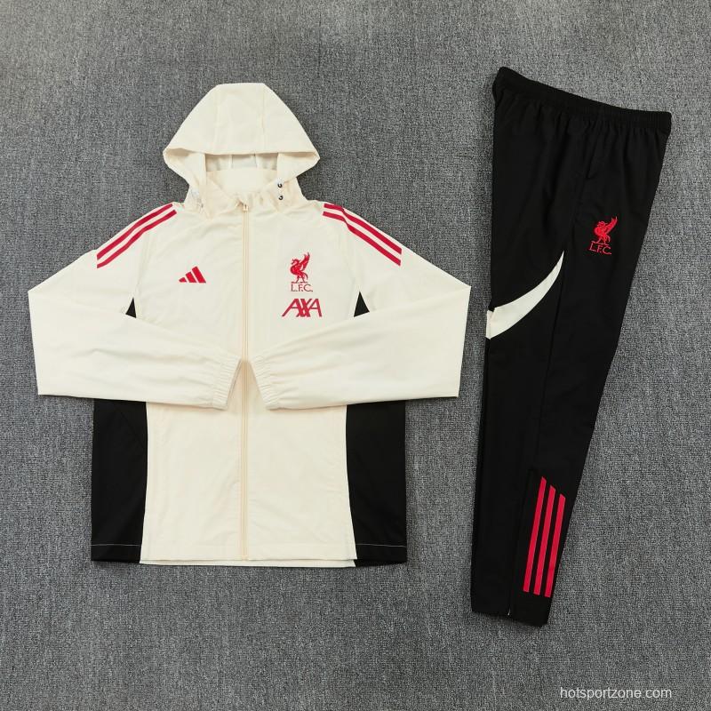 26/27 Liverpool Cream Full Zipper Hooded Jacket Tracksuit + Black Long Pants