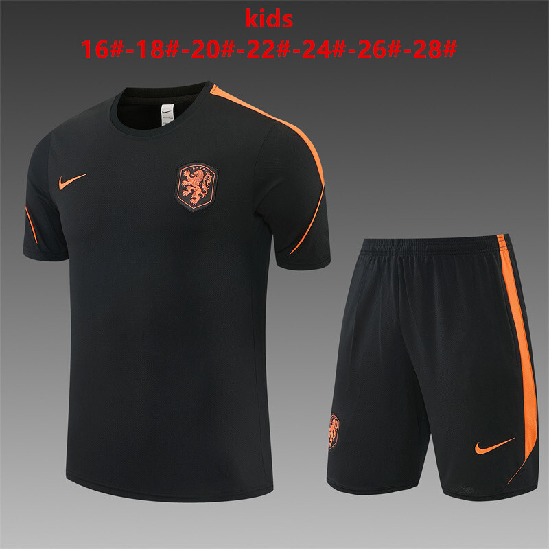 2026 Kids Netherlands Black & Orange  Short Sleeve+Soccer Shorts