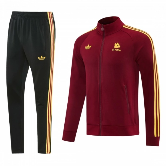 2026/27 AS Roma Burgundy & Gold Full Zipper Jacket Tracksuit +Black  Long Pants