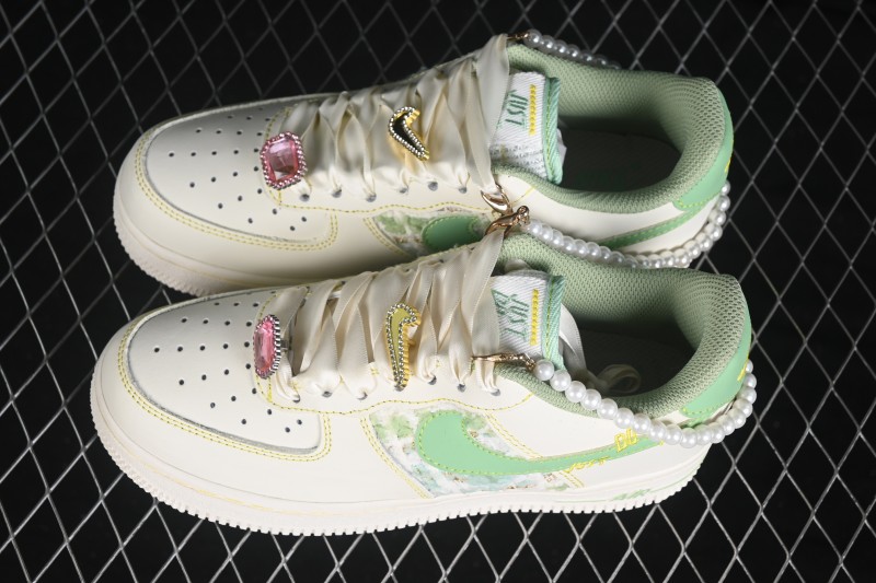 Nike Air Force 1 '07 Low Canvas Sneakers with Hand-Painted Jade Pearl Detailing - FJ7740-111