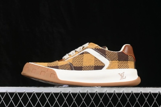 Louis Vuitton Tilted Sneakers Classic Low-Top Casual Shoes in Smooth Calfskin Leather with LV Lettering - 2026SS Yellow Brown