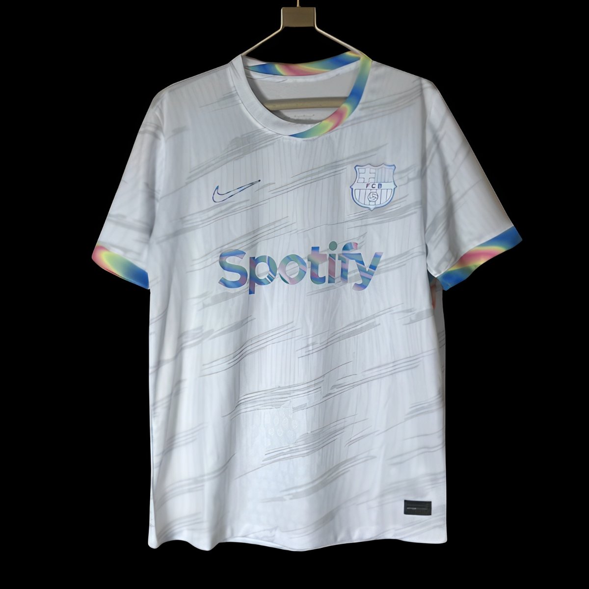 25/26 Barcelona White Nike Football Jersey with Spotify Sponsorship and Rainbow Accents