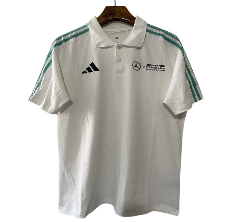 2025 F1 Mercedes-AMG Petronas Formula One Team White with Turquoise Three Stripes Polo Shirt