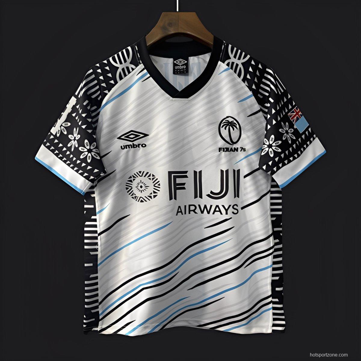 2025 Fiji 7s White with Wave Pattern and Traditional Tapa Cloth Design Jersey