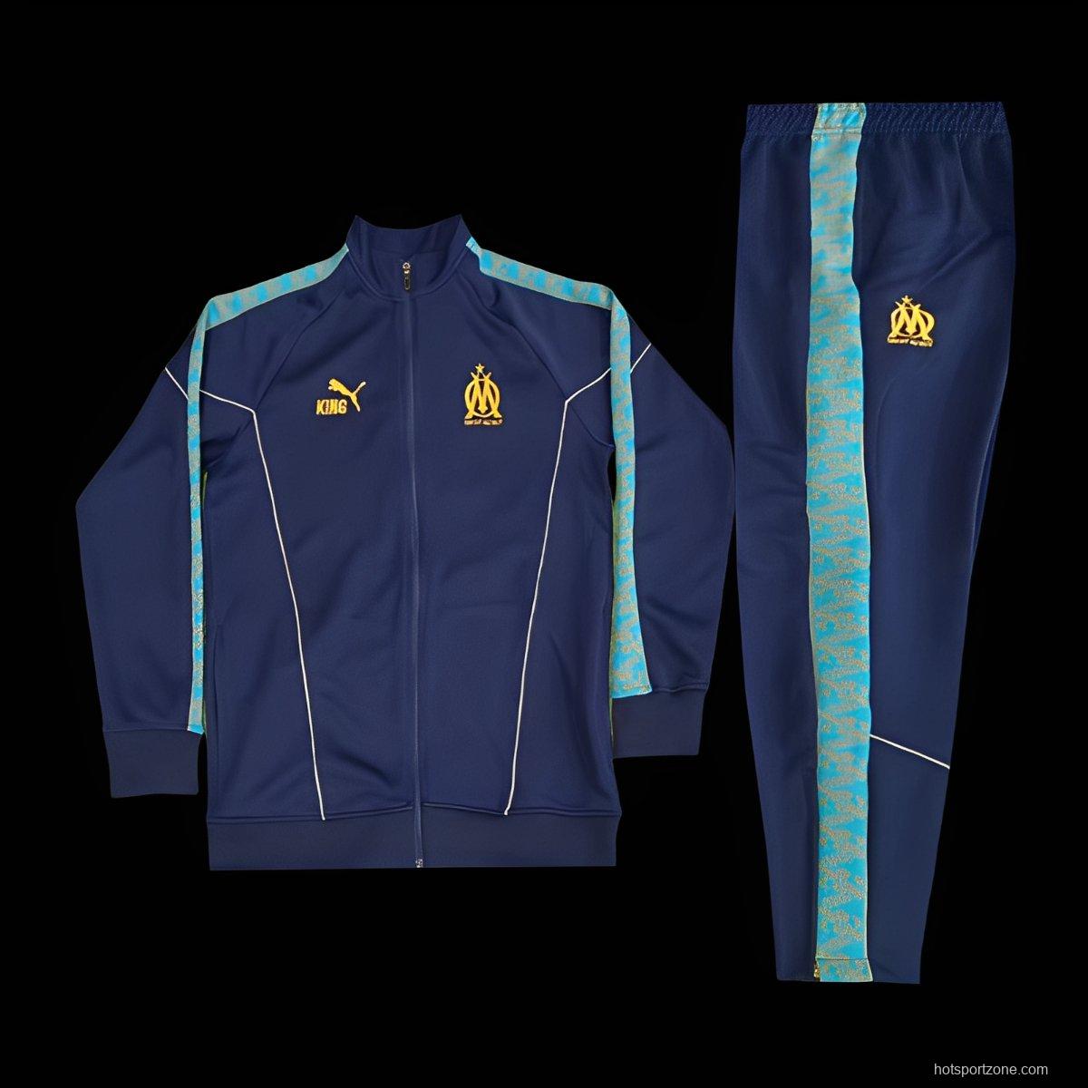 25/26 Olympique Marseille Navy Blue with Sky Blue Stripes Full Zipper Jacket Tracksuit +Long Pants