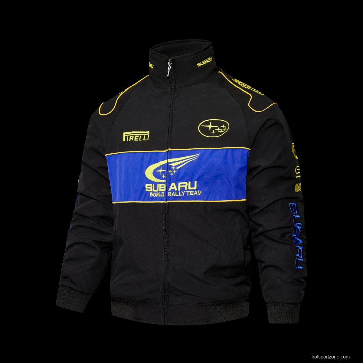 2026 F1 Subaru World Rally Team Black and Blue Racing Jacket with Yellow Trim and Pirelli Logo