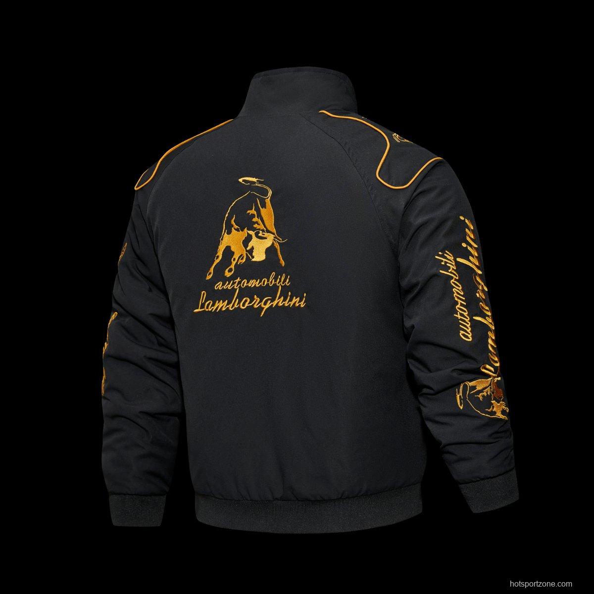 2026 F1 Lamborghini Automobili Black Racing Jacket with Gold Bull Logo Embroidery and Piping Details