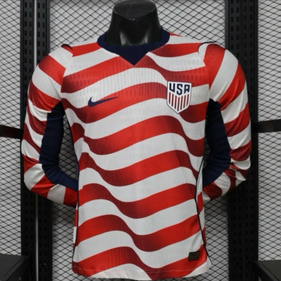 Player Version 2026 USA White & Red with Wave Stripe Long Sleeve Home Jersey