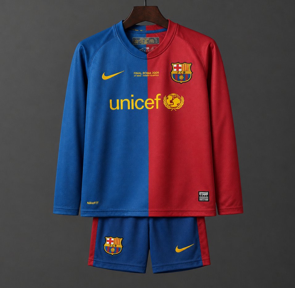 Retro Kids 08/09 Barcelona Home Champions Long Sleeve Jersey