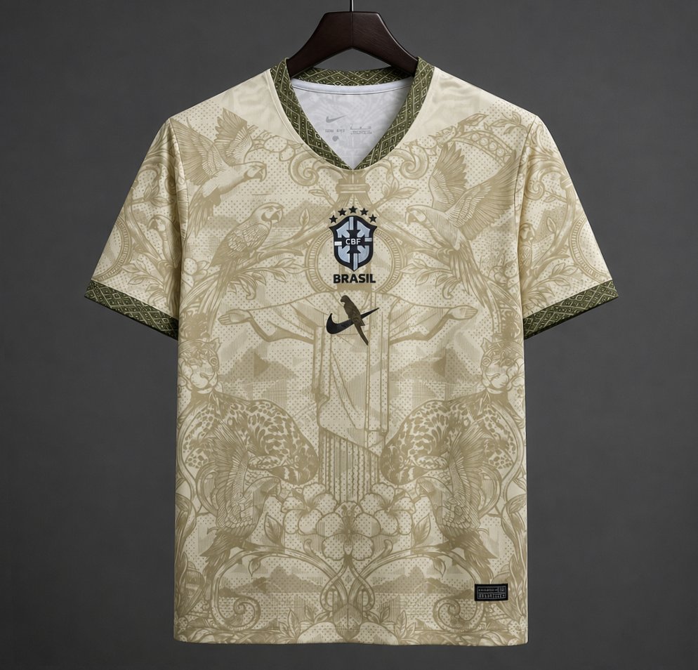 2026 Brazil Gold Cream with Baroque Floral and Christ the Redeemer Pattern Special Edition Jersey