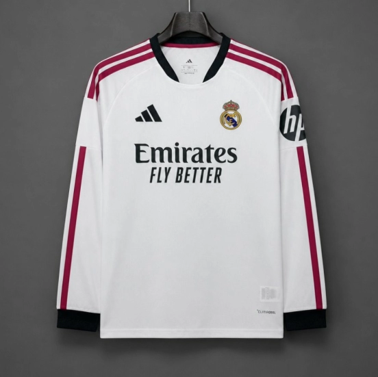 26/27 Real Madrid White with Burgundy Stripes Long Sleeve Home Jersey