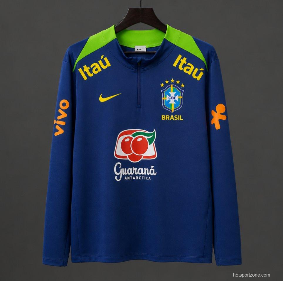 2024 Brazil Navy Blue with Lime Green Long Sleeve Half-Zip Training Top